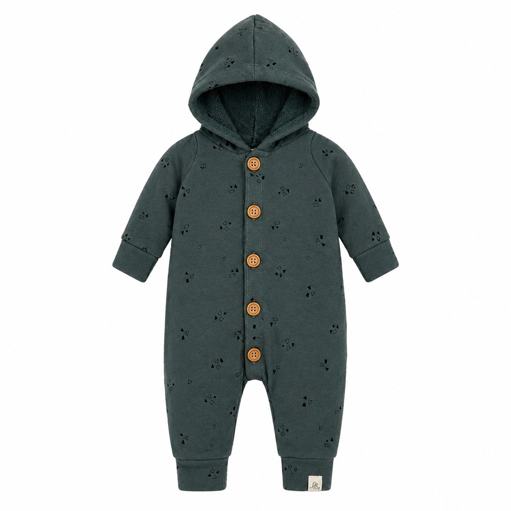 Lulu + Roo Baby Hooded Romper 0-6M Teal Geometric Print Wood Buttons USA